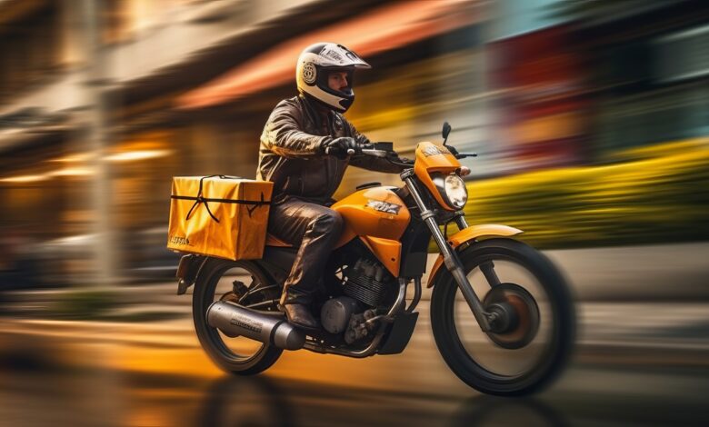 Courier rides a motorcycle motion blur. Generative AI.